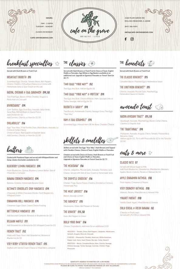 Cafe on the Grove Menu