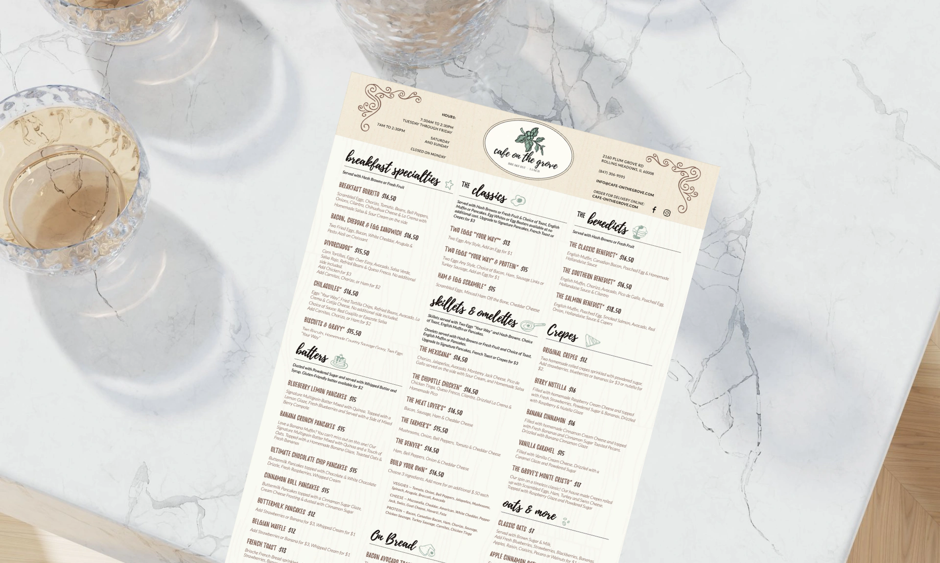 restaurant menu for cafe on the grove